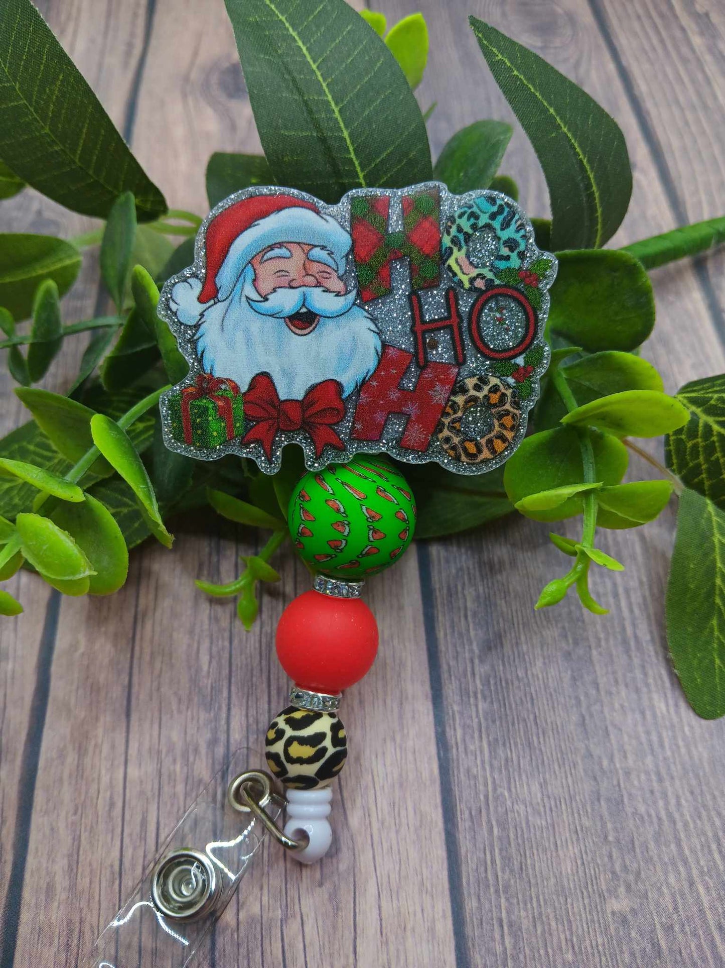 Santa HO HO HO Beaded Badge Reel