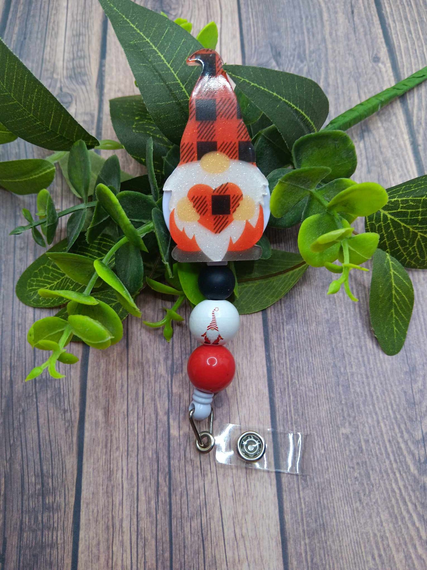 Red Gnome Beaded Badge Reel