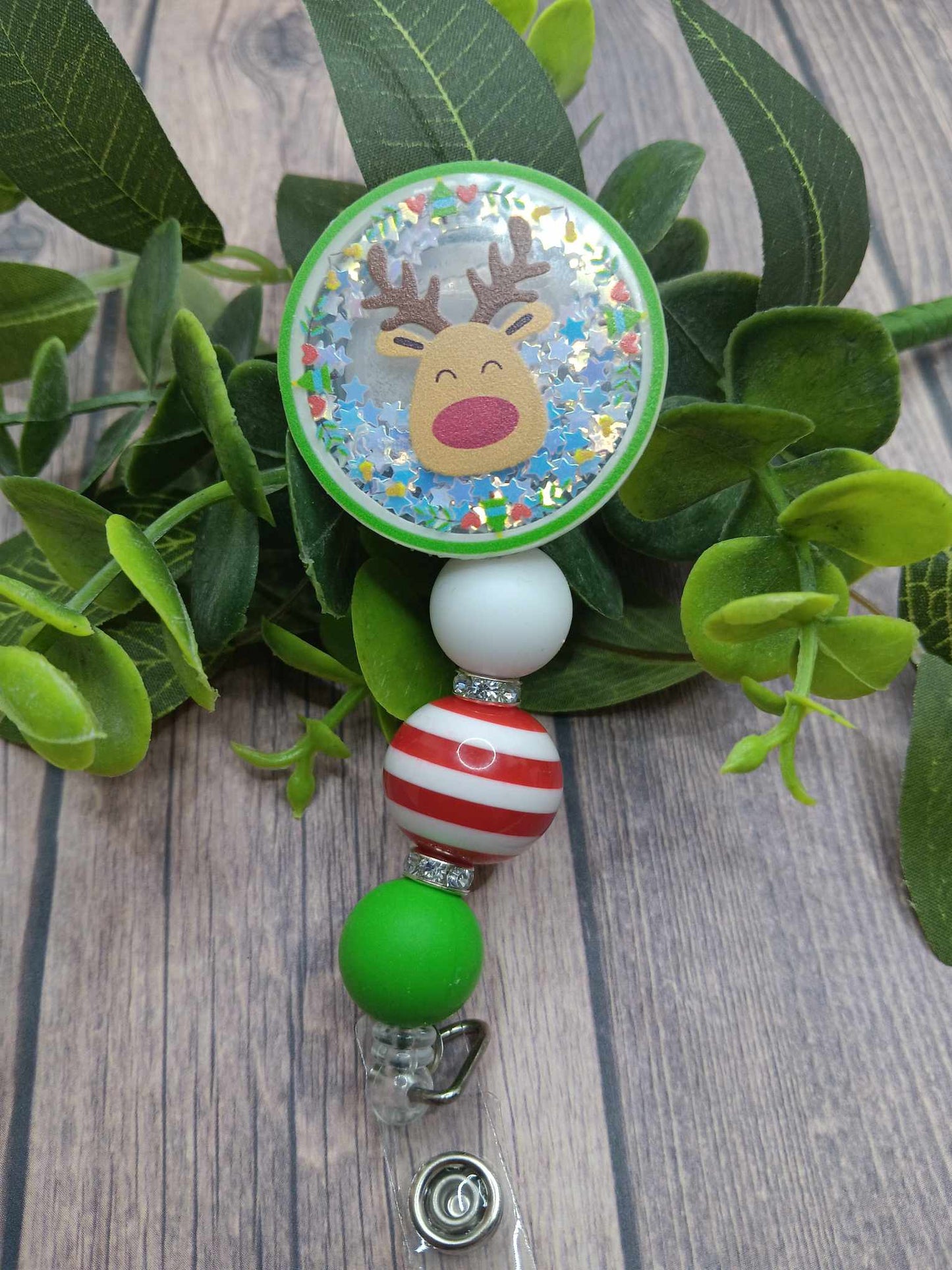 Reindeer Shaker Beaded Badge Reel