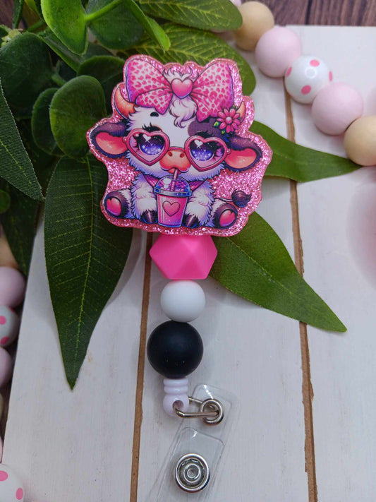 Adorable Pink Cow Beaded Badge Reel