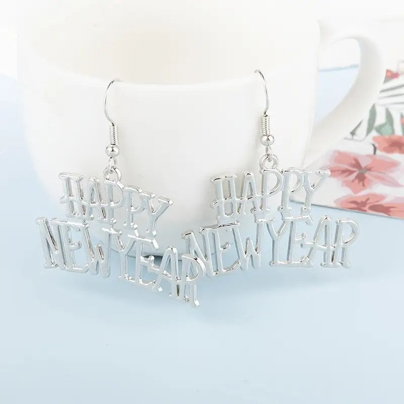 Silver Happy New Year Earrings