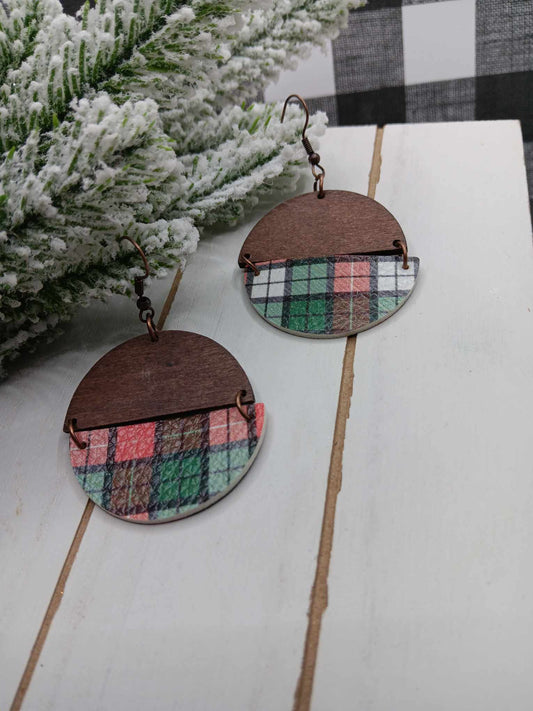 Red, White, & Green Plaid Wooden Earrings
