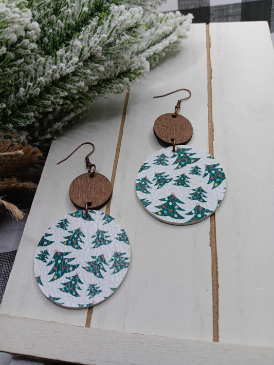 Christmas Tree Wooden & Leather Style Earrings