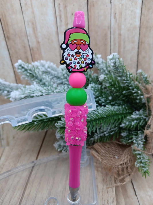 Hot Pink Santa Beaded Ink Pen w/ Crushed Hot Pink Stones