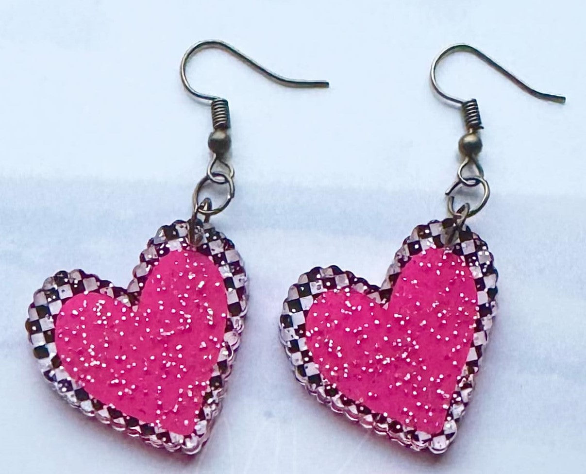 Pink & Checkered Heart Earrings