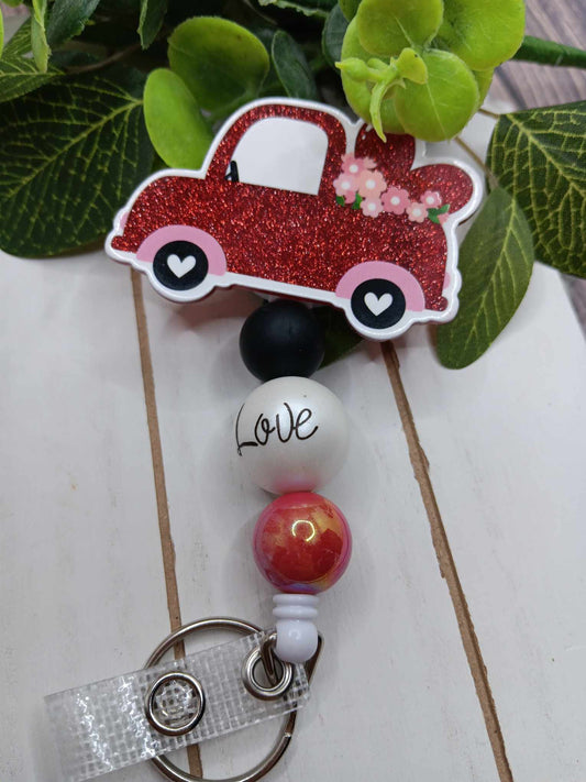 Red Truck w/ Hearts Beaded Badge Reel