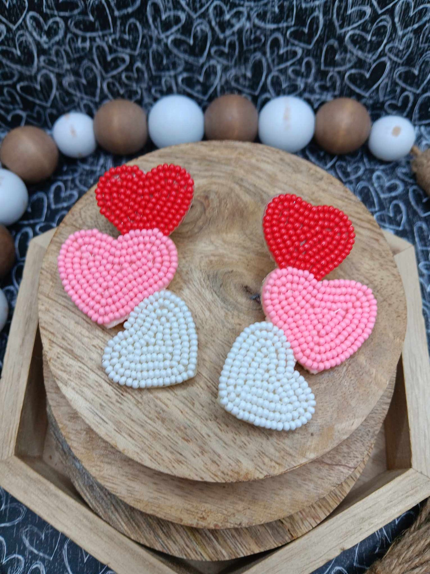 Seed Beaded Red, Pink, & White Heart Earrings
