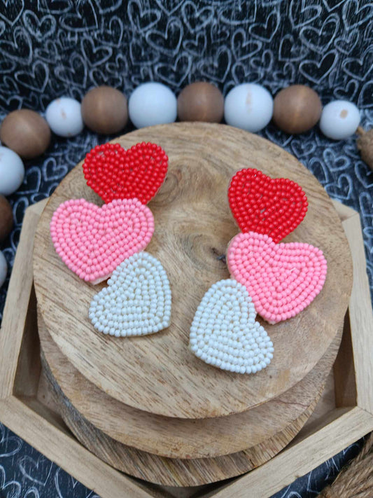 Seed Beaded Red, Pink, & White Heart Earrings
