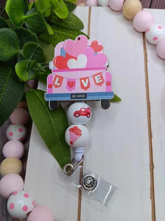 Pink LOVE Truck Beaded Badge Reel