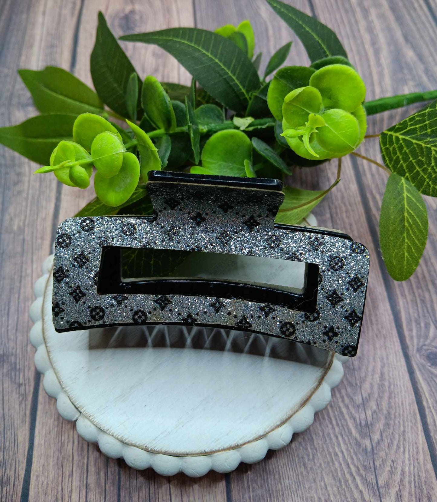 Silver & Black Glitter Hair Claw Clip