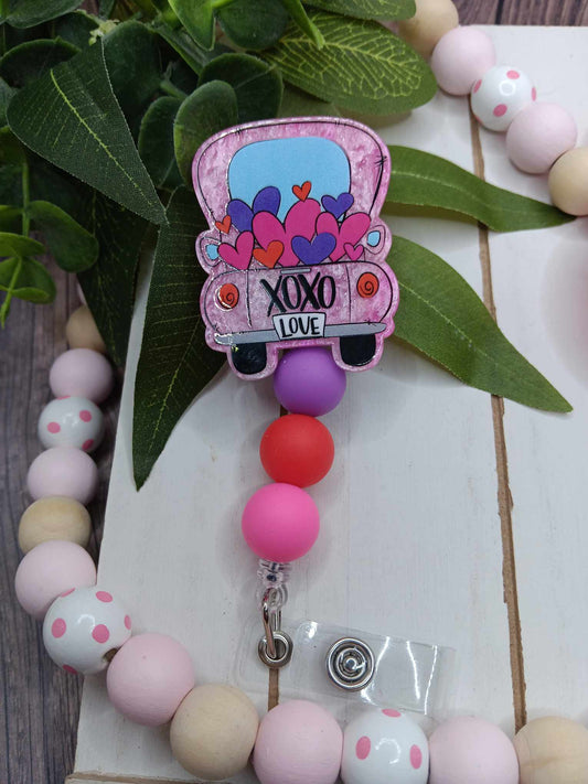 XOXO Pink Valentine's Truck Beaded Badge Reel