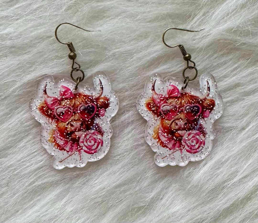 Pink Glitter Cow Earrings