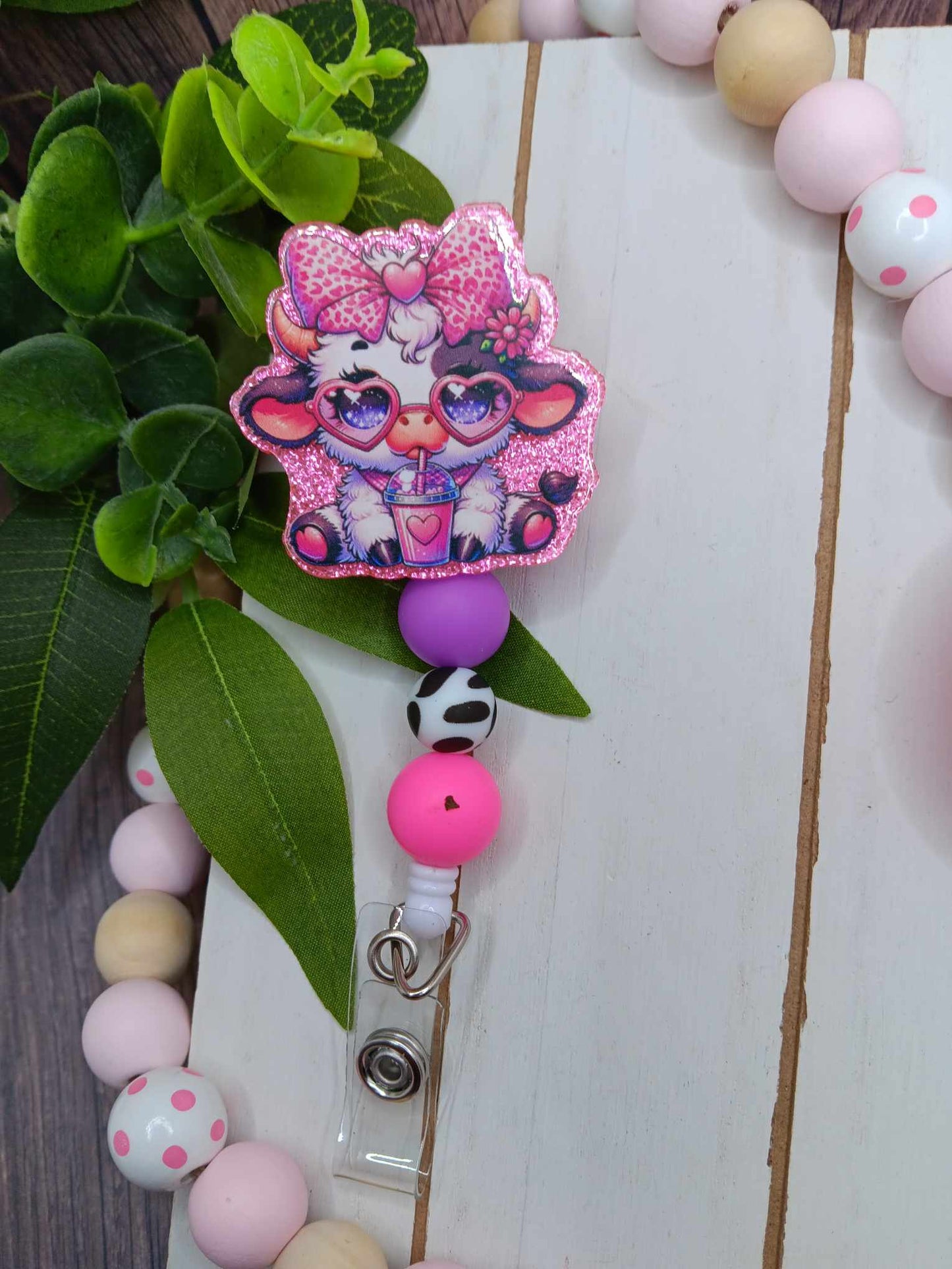 Adorable Pink Cow Beaded Badge Reel