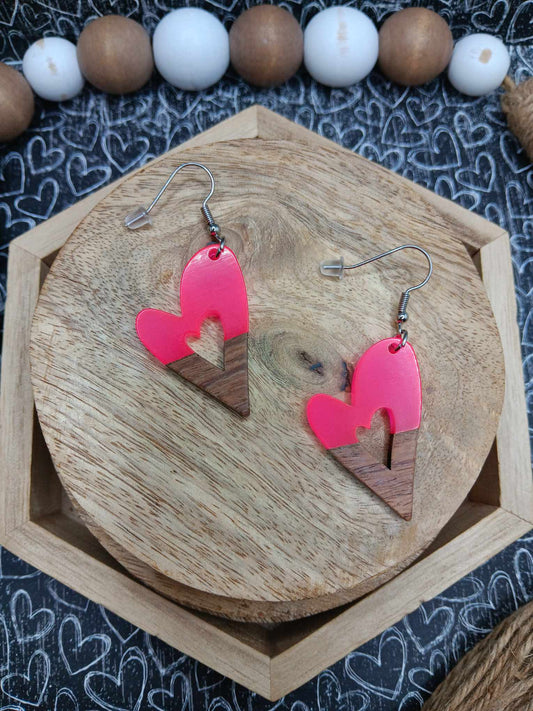 Hot Pink & Wooden Heart Earrings
