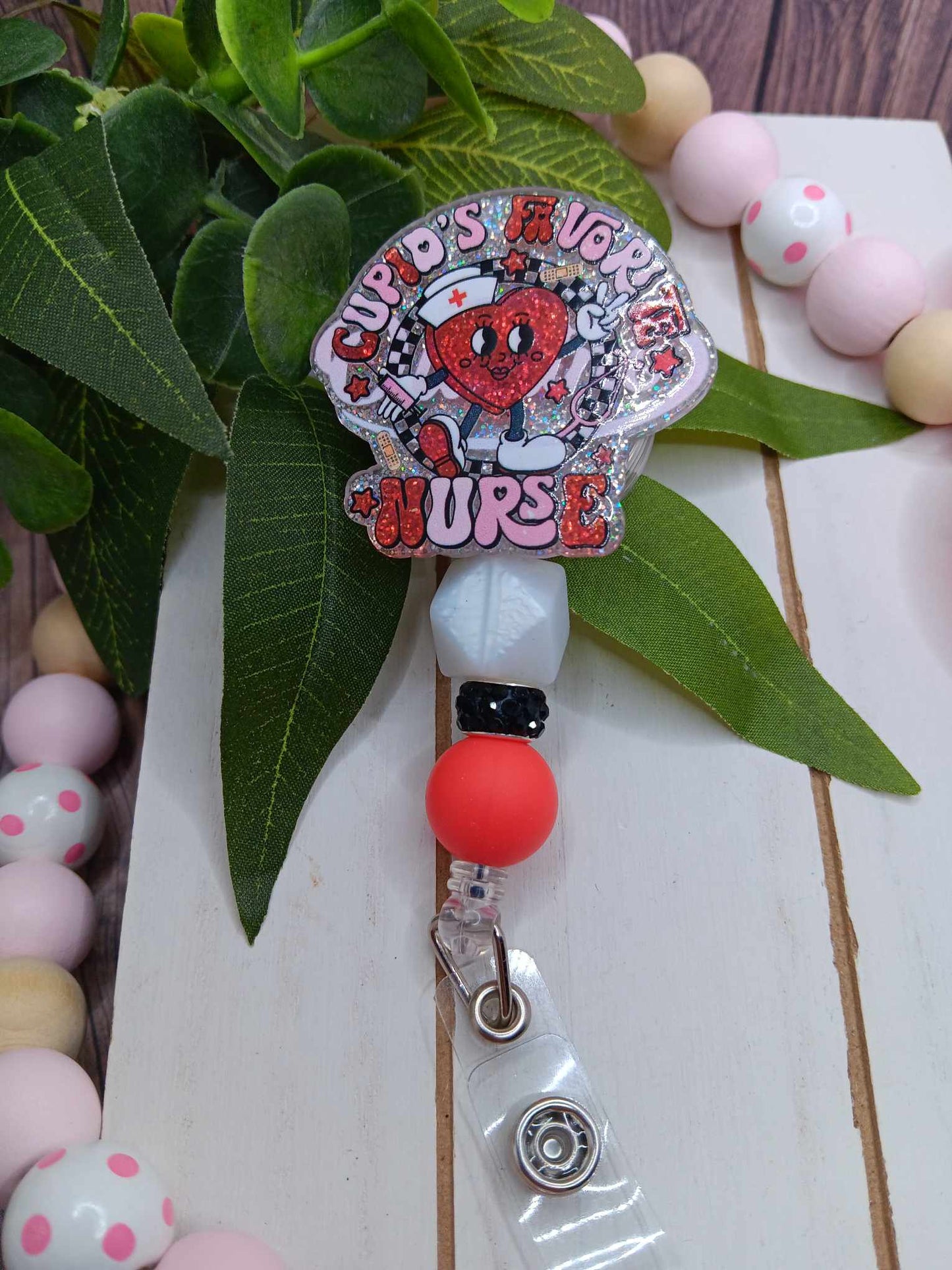 Cupid's Favorite Nurse Beaded Badge Reel