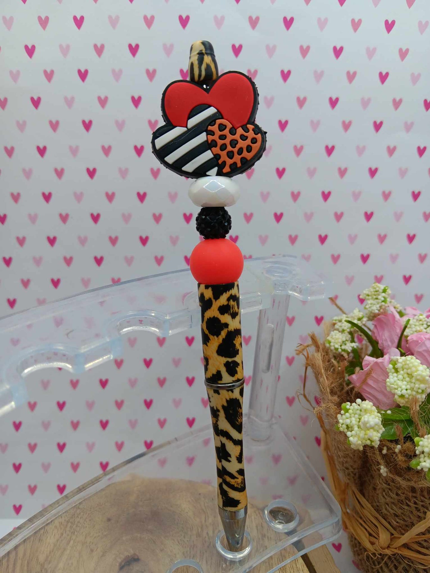 Hearts & Leopard Beaded Ink Pen - Red