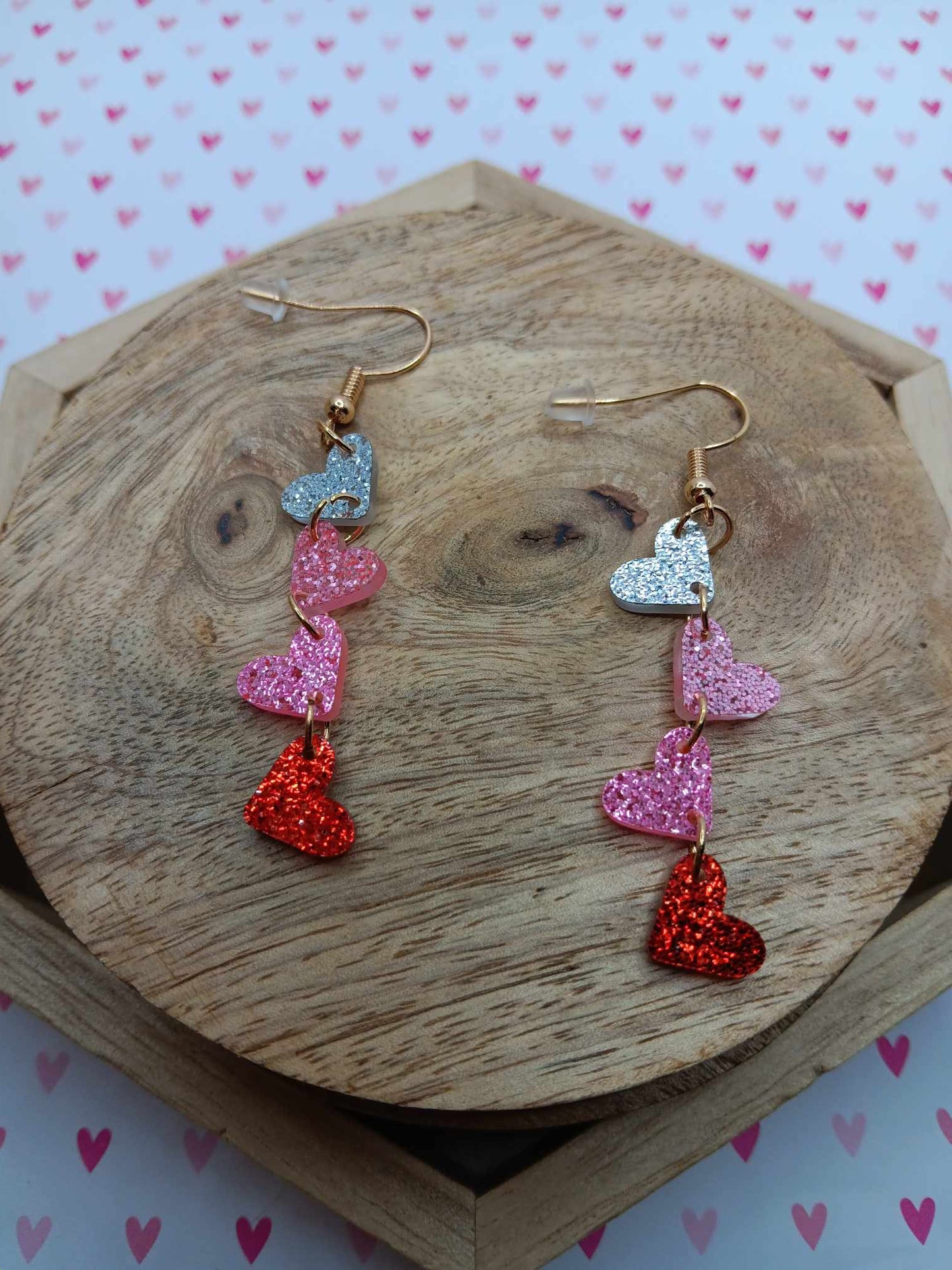 Silver, Red, & Pink Glitter Heart Dangle Earrings