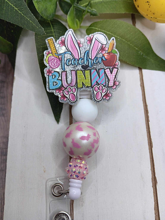 Teacher Bunny Beaded Badge Reel