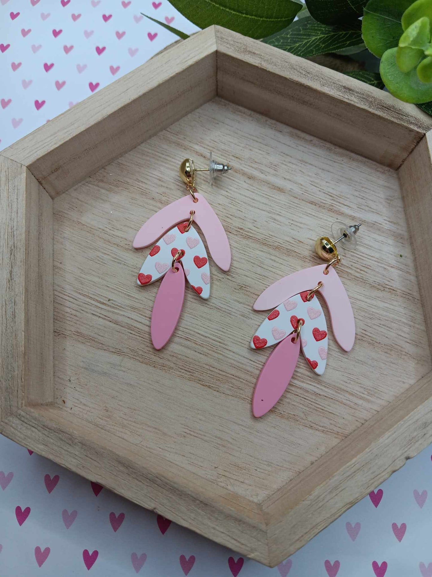 Pink & White Heart Drop Clay Style Earrings