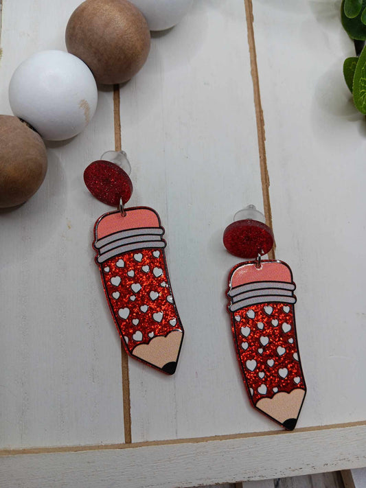 Red Glitter Heart Pencil Earrings