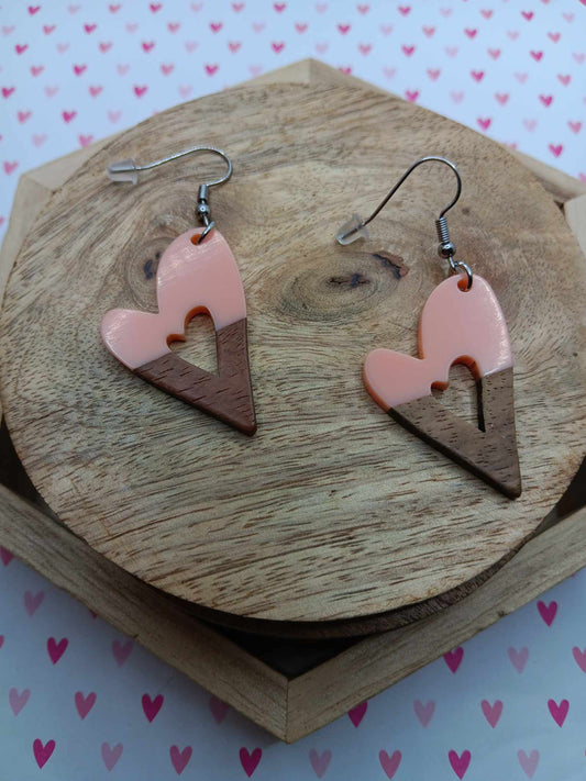 Light Pink & Wooden Heart Earrings
