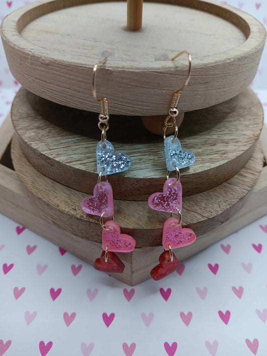 Silver, Red, & Pink Glitter Heart Dangle Earrings