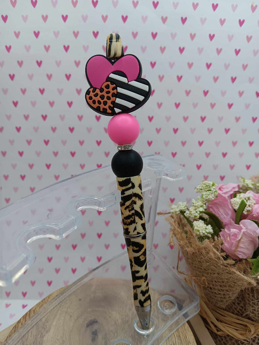 Hearts & Leopard Beaded Ink Pen - Pink