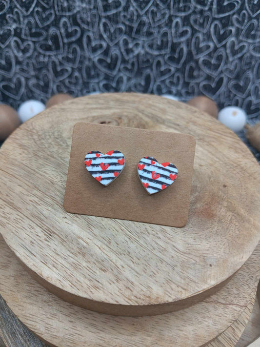 Black and White Striped Heart Earrings