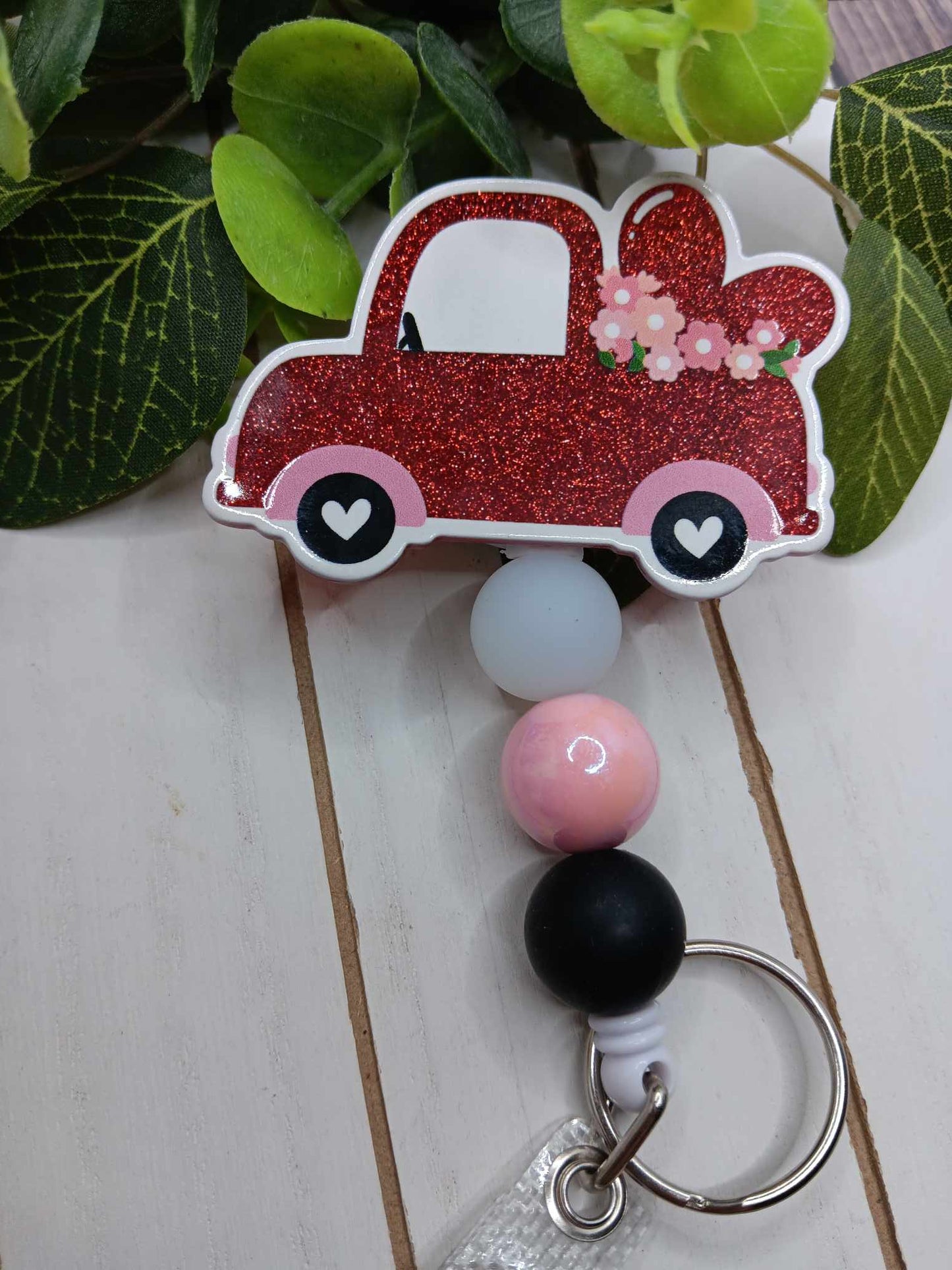 Red Truck w/ Hearts Beaded Badge Reel