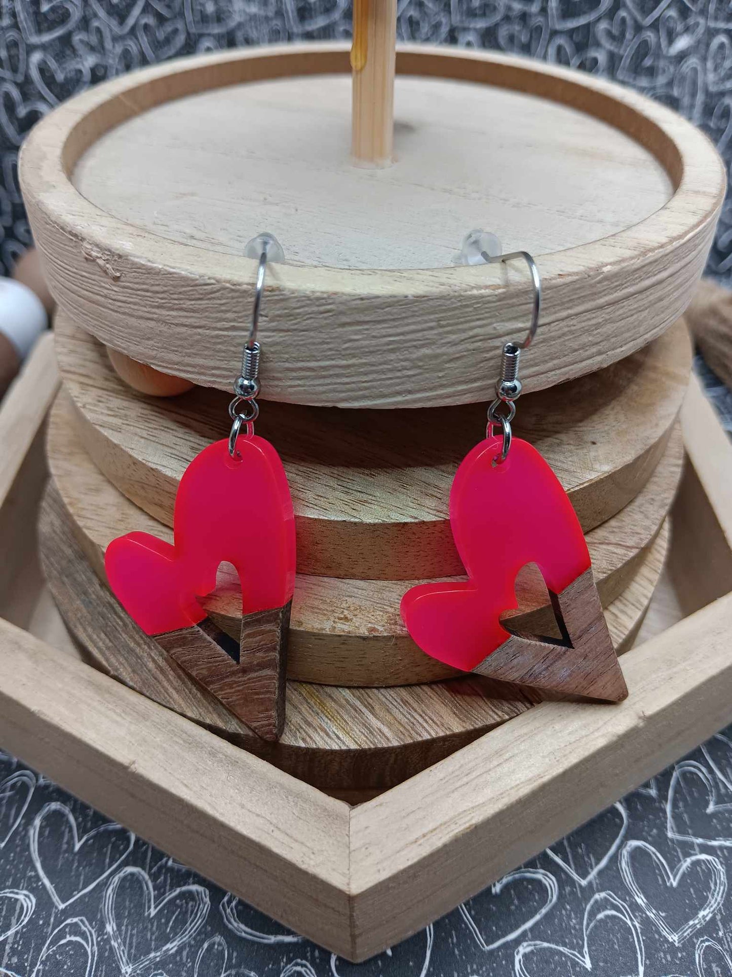 Hot Pink & Wooden Heart Earrings