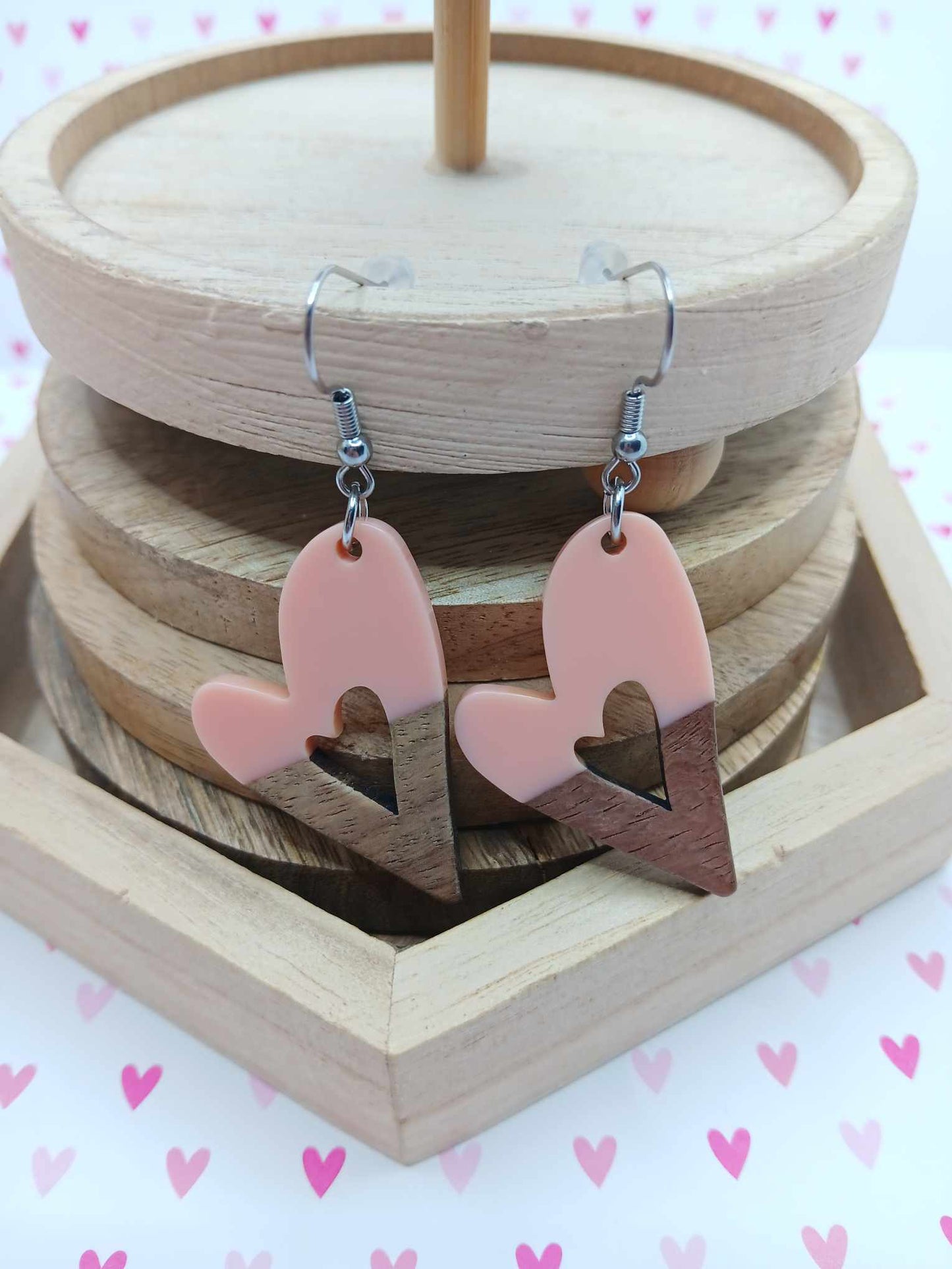 Light Pink & Wooden Heart Earrings