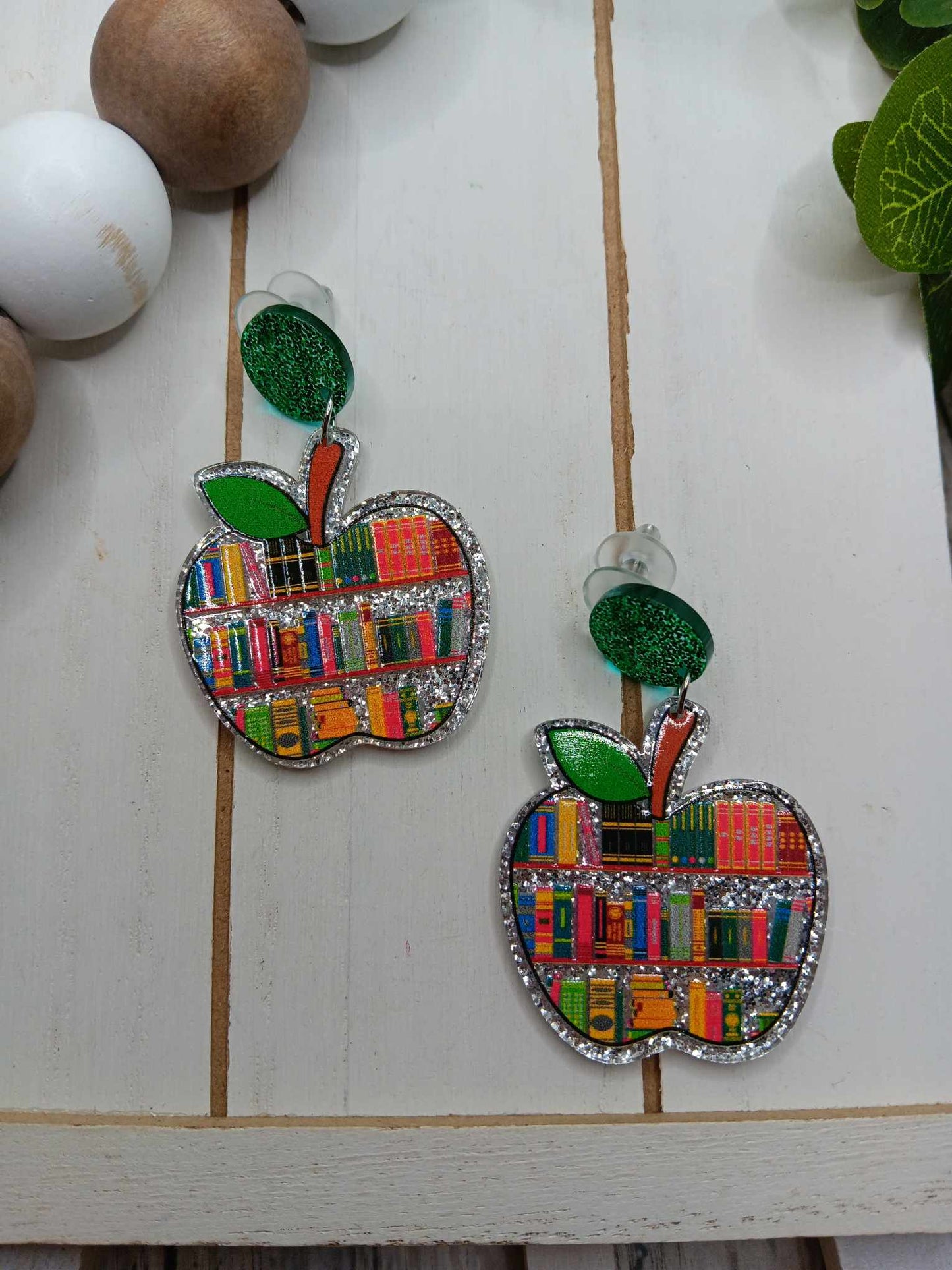 Glitter Teacher Apple w/ Books Earrings