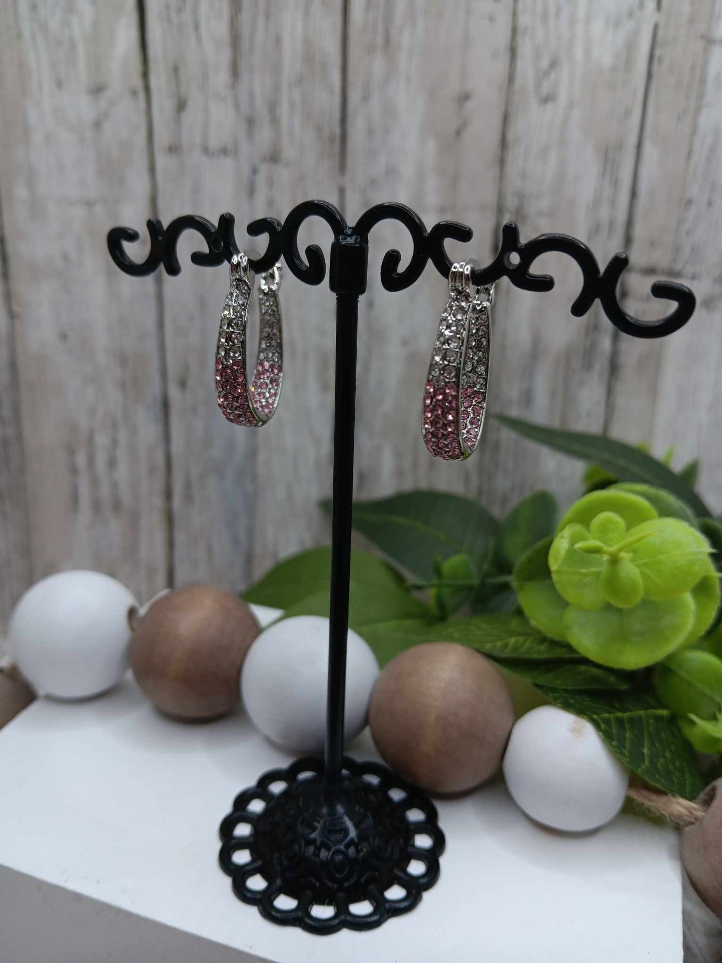 White & Pink Rhinestone Hoop Earrings