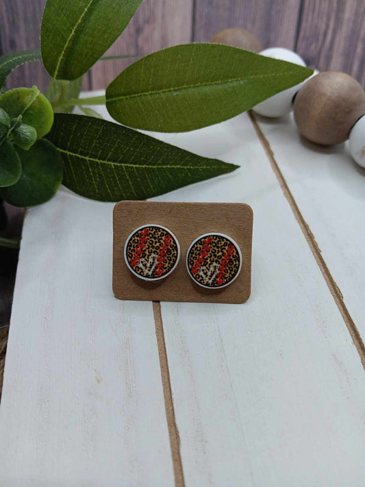 Leopard Baseball Heart Earrings