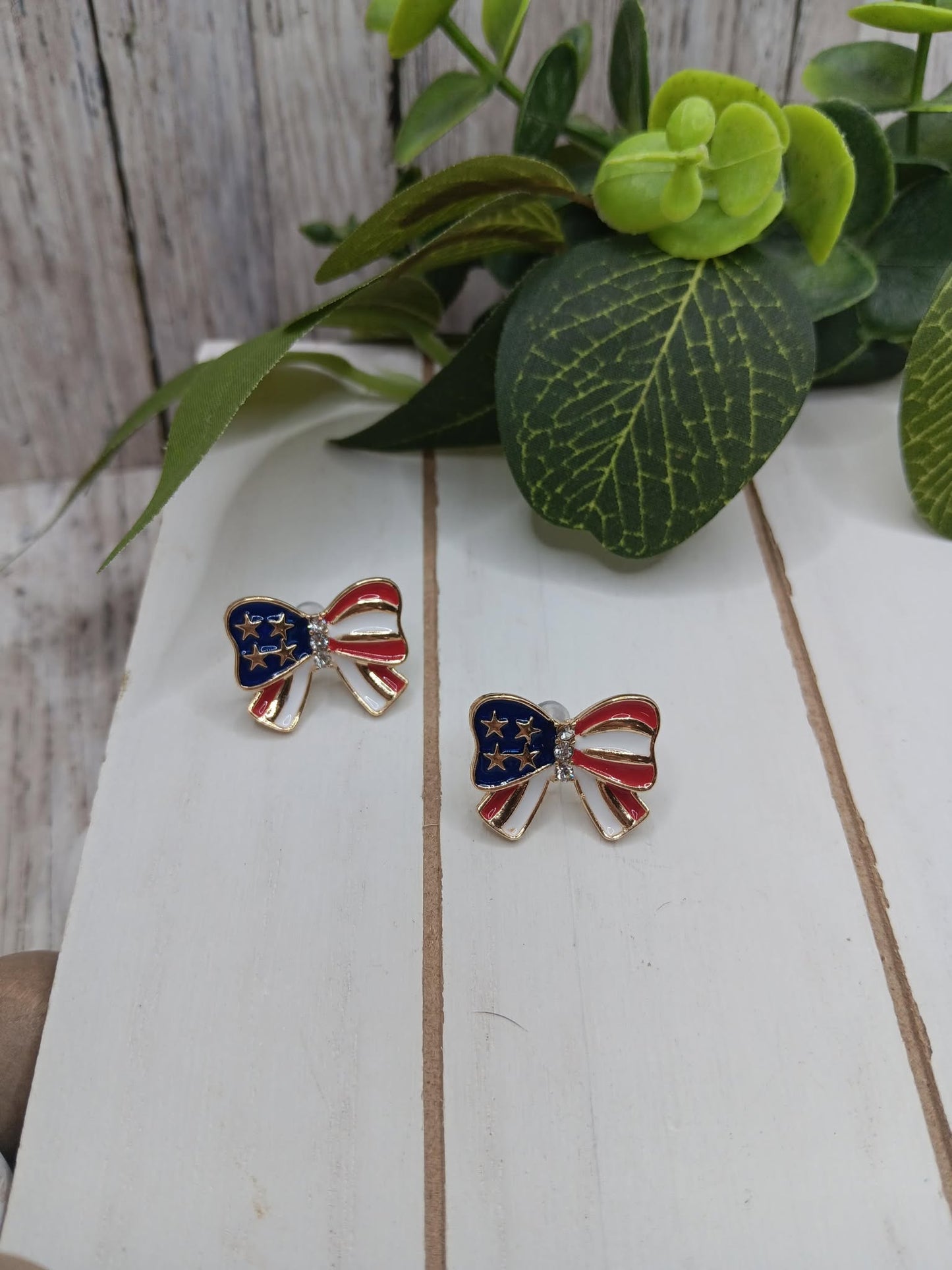 Red, White, & Blue Bow Earrings on a Gold Setting