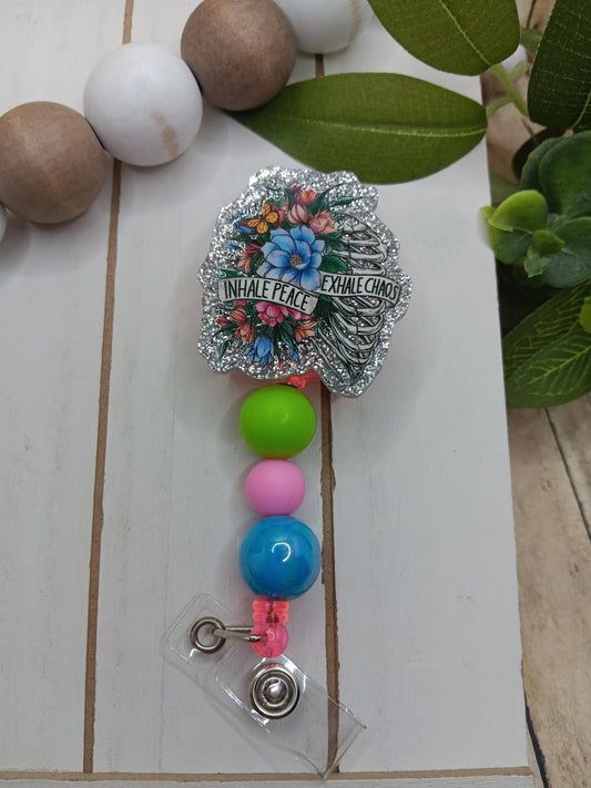 Inhale Peace Exhale Chaos Beaded Badge Reel