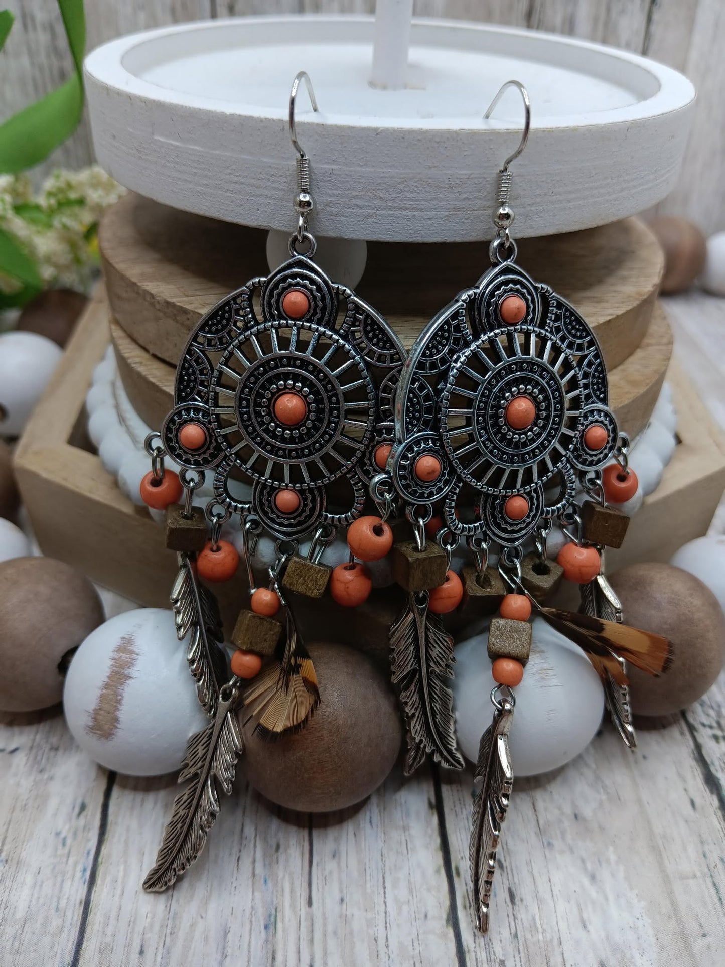 Boho Style Silver Earrings w/ Orange & Feather Dangle Details