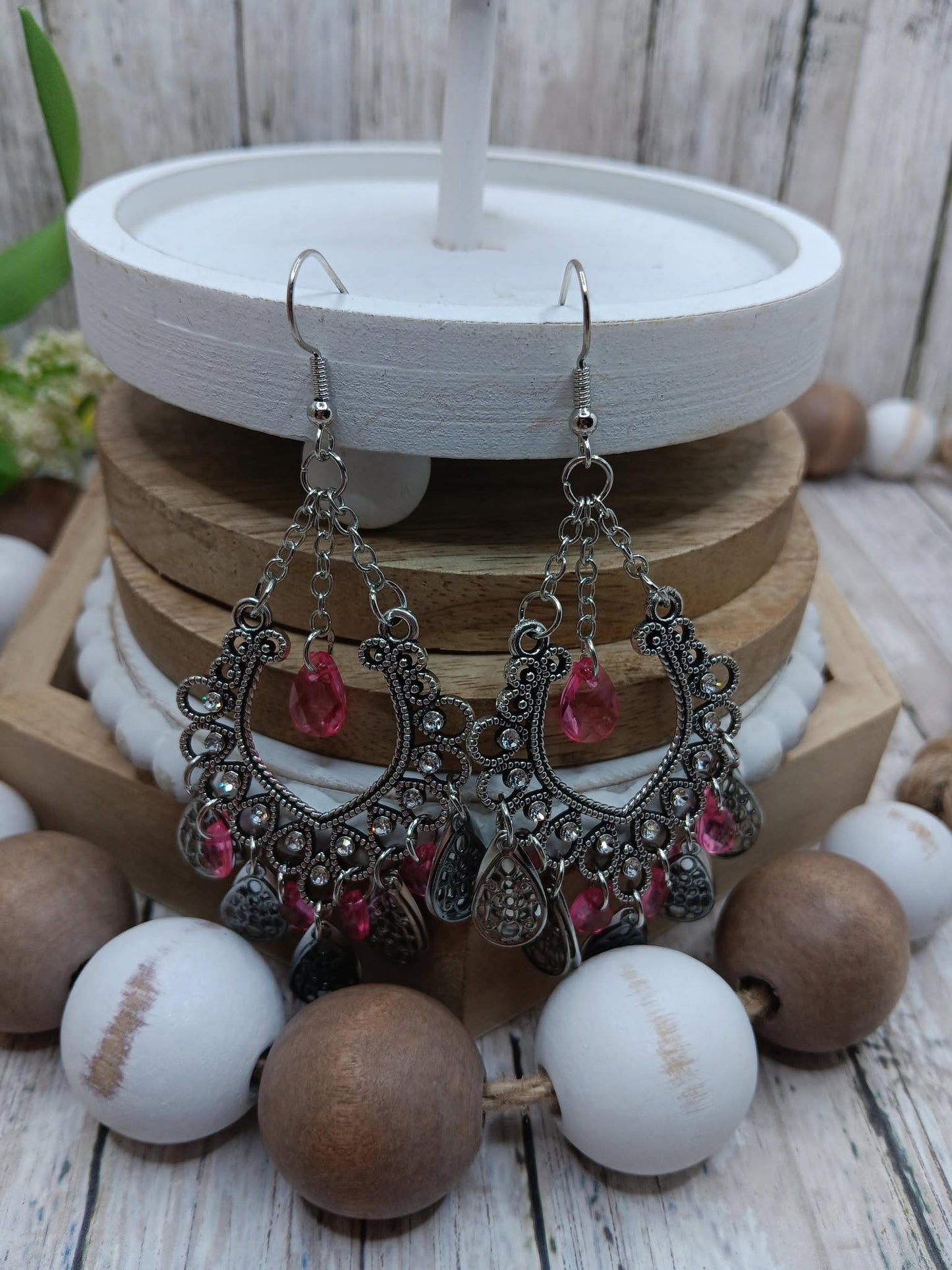Silver Filigree Earrings w/ Pink Dangle Accents
