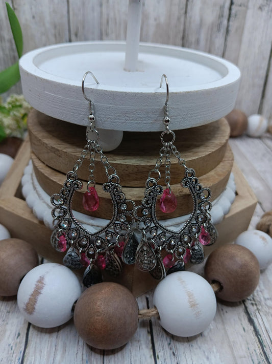 Silver Filigree Earrings w/ Pink Dangle Accents