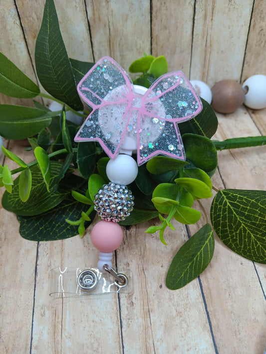 Pink & White Glitter Bow Beaded Badge Reel