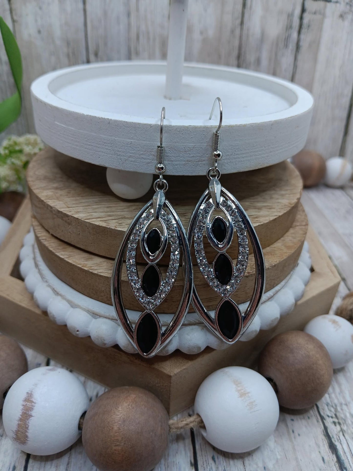 Silver Elongated Earrings w/ Black Rhinestone Details