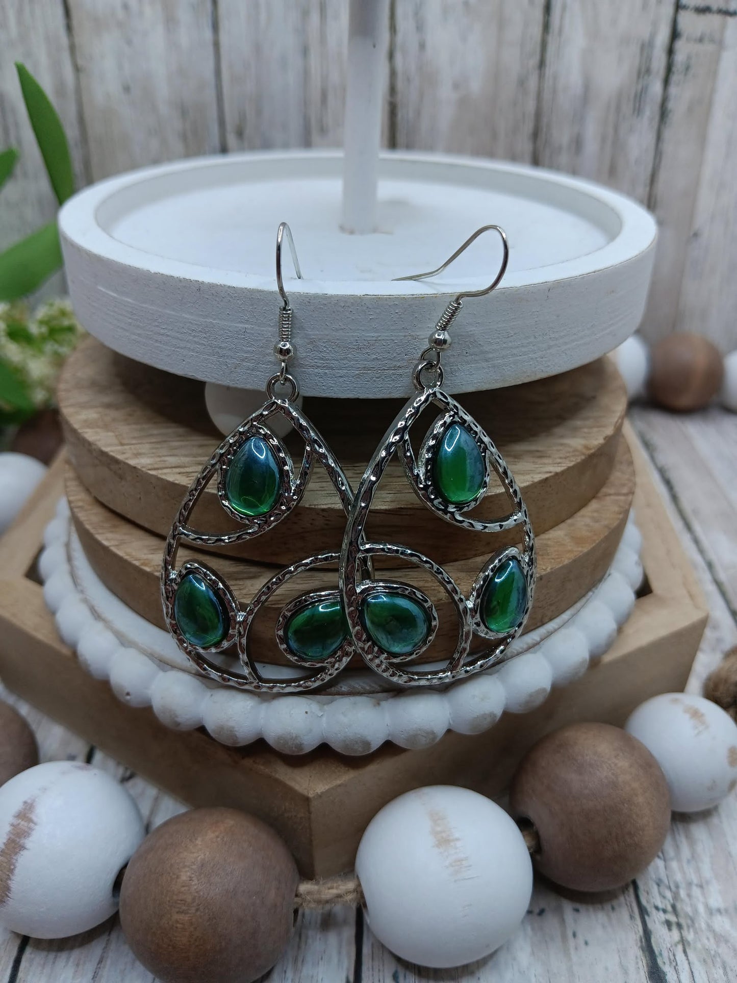 Silver Earrings w/ Iridescent Green Accents