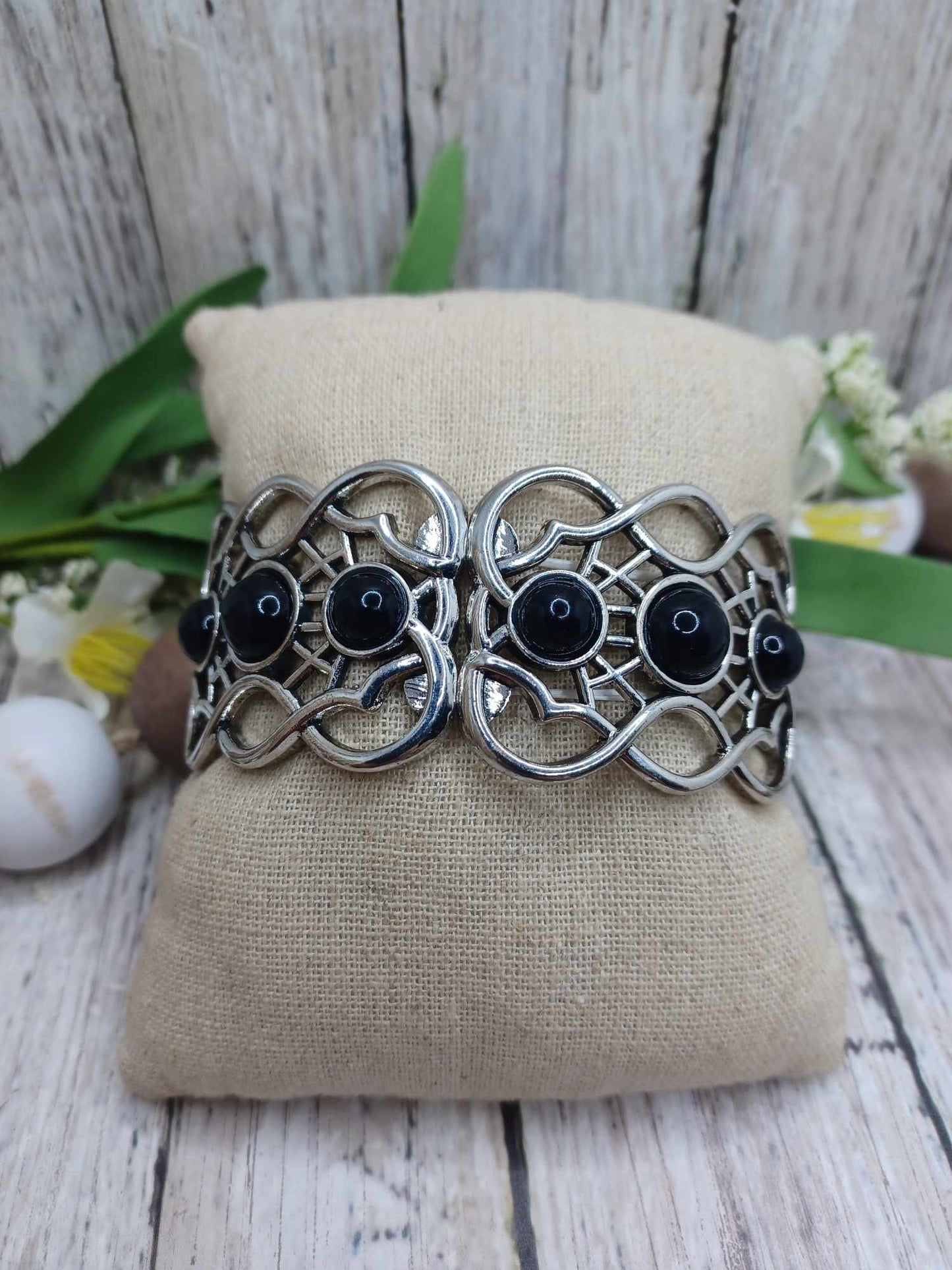 Silver Filigree Bracelet w/ Black Accents