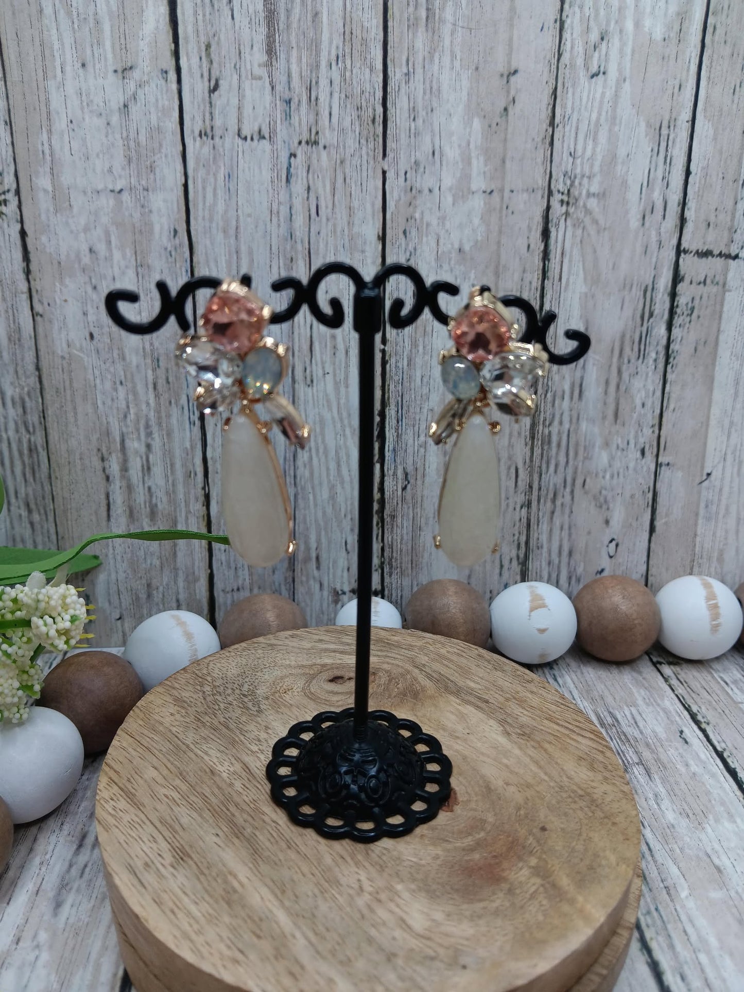 Coral & White Rhinestone Earrings w/ White Crackle Drop
