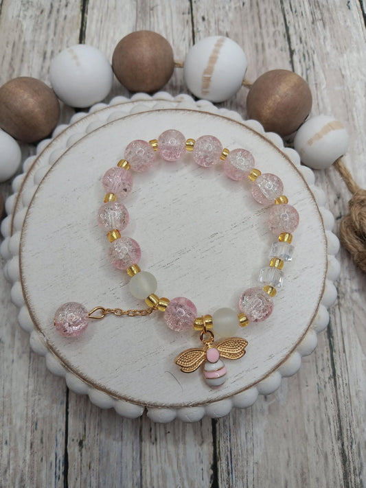 Pink Bee Beaded Bracelet w/ Pink & White Bee Charm