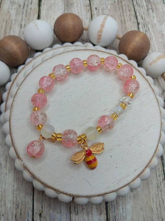 Pink Bee Beaded Bracelet w/ Red Bee Charm
