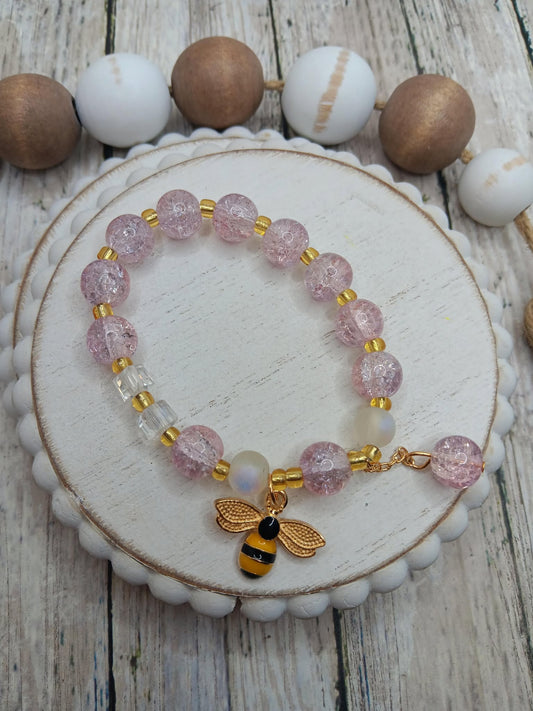 Pink Bee Beaded Bracelet w/ Black & Yellow Bee Charm