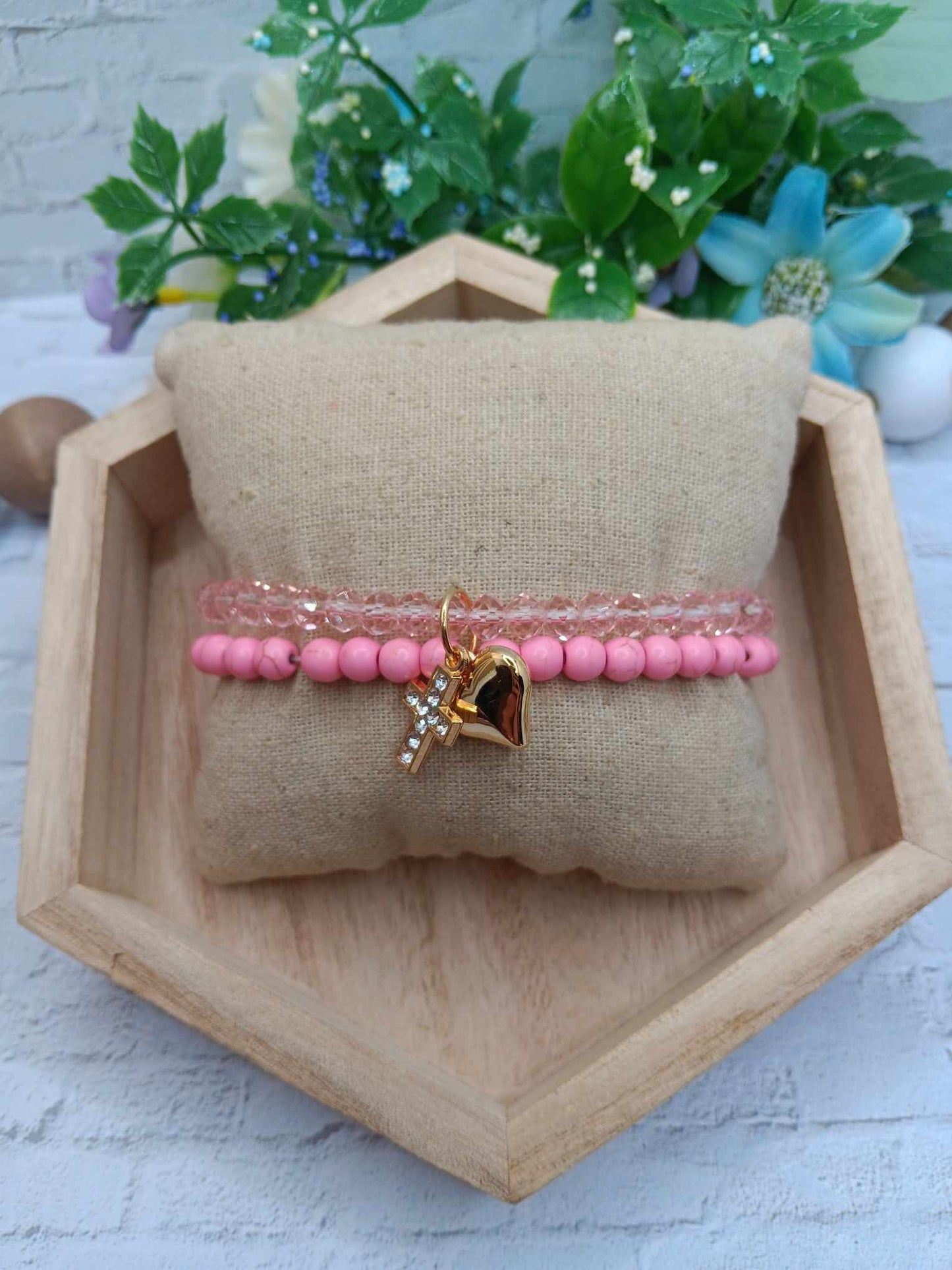 Pink Bracelet Set w/ Gold Heart & Cross Dangle