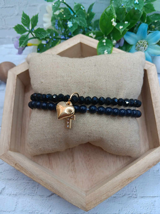 Black Bracelet Set w/ Gold Heart & Cross Charms