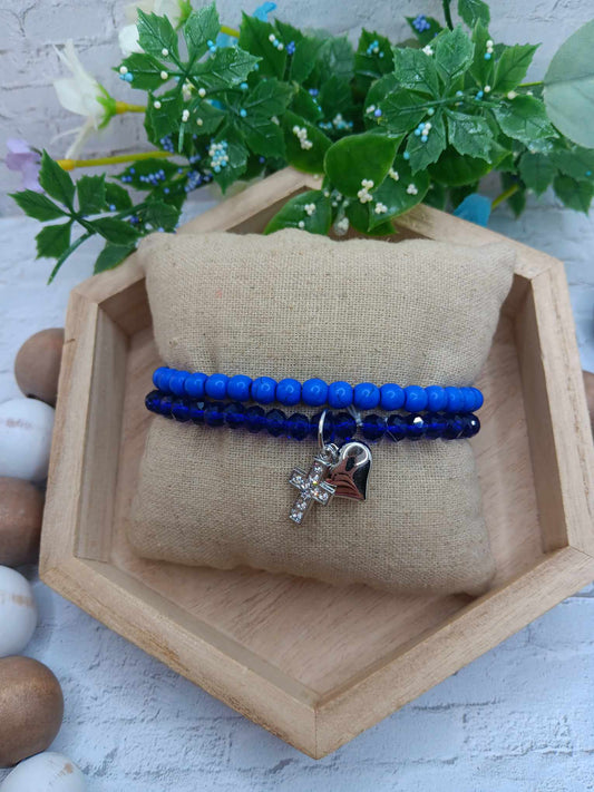 Blue Bracelet Set w/ Silver Heart & Cross Charms